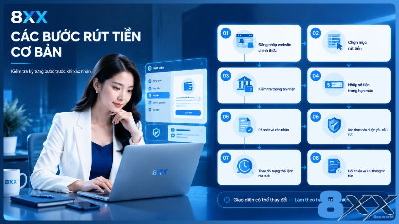 8XX minh họa các bước rút tiền cơ bản