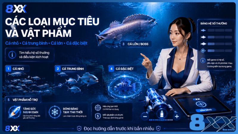 8XX minh họa các loại mục tiêu và vật phẩm trong bắn cá